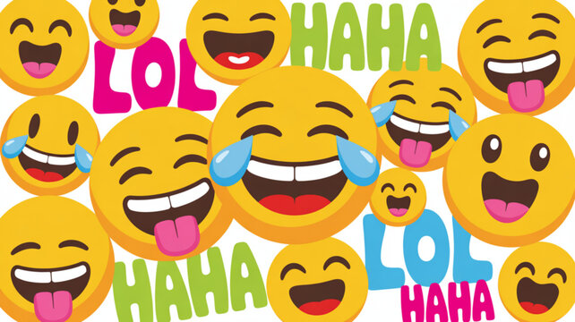 Collection of laughing emojis with lol and haha text on white background expressing joy and humor