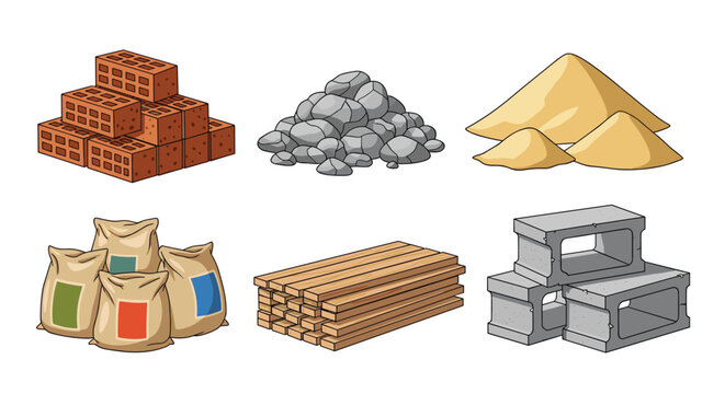 Set of common construction and building materials including bricks, stones, sand piles, cement bags, wooden planks, and concrete blocks.