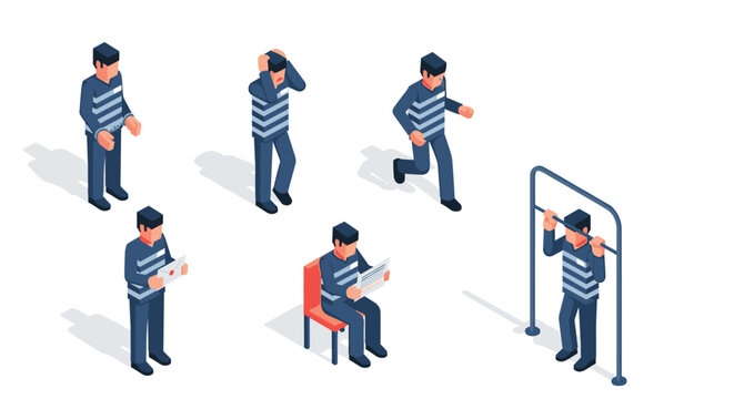 Isometric characters of prisoners in striped uniforms engaged in activities like reading, exercise, and being handcuffed in a jail setting.