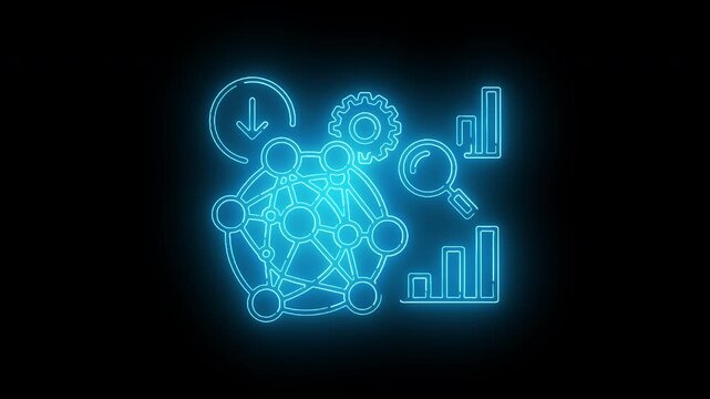 Neon blue glowing network connection icons on a black background with a bar chart and magnifying glass.