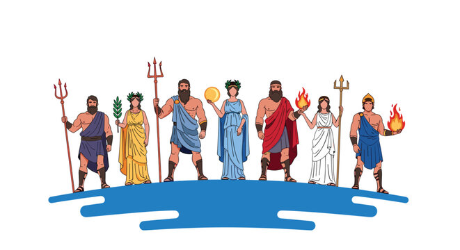 Group of powerful Greek gods and goddesses standing on a cloud including Zeus, Poseidon, Hera, Athena, Ares, and Apollo with their symbols.