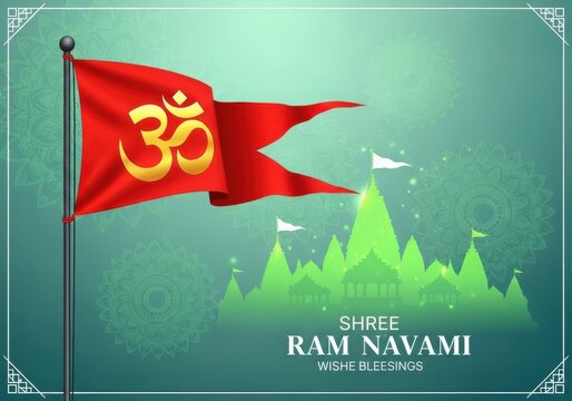 Hindu Om Flag Waving with Shree Ram Navami Greetings and Temple Silhouettes
