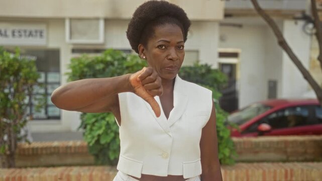 Woman displays thumb down gesture on street in front of storefront wearing white vest and earring; disapproval protest.