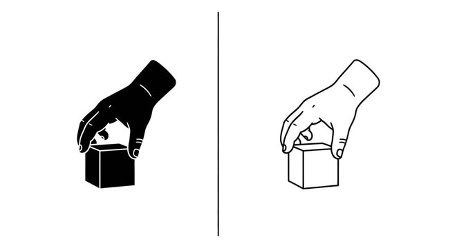 A human hand grasping a simple cube, illustrating creation or possession in black and outline forms.