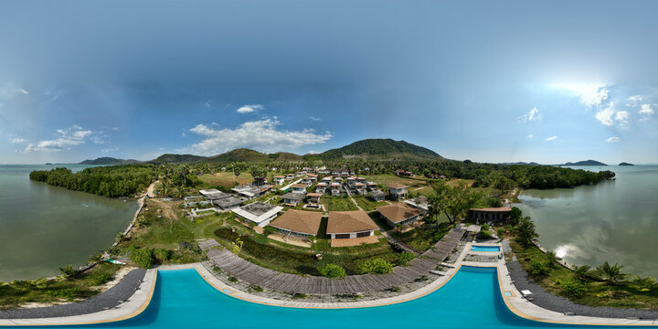 360 Degree Aerial Panorama of Tropical Resort with Modern Villas and Private Ponds at Sunset. Spherical VR View of Exotic Destination.