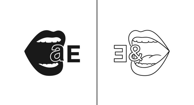 An open mouth with a phonetic symbol '&aelig;' inside, representing speech, phonetics, and communication.