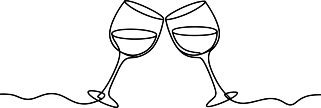 Two wine glasses clinking in celebration, minimal line art vector illustration