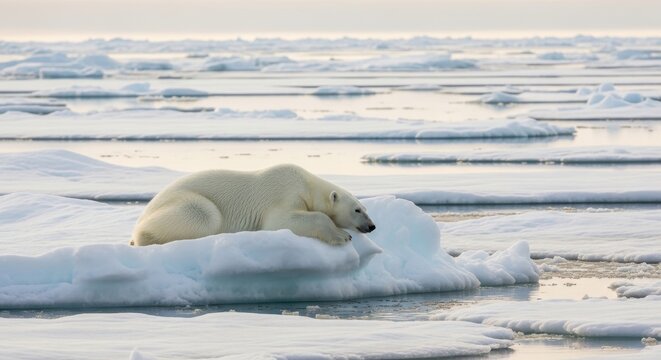 A solitary polar bear rests peacefully on a large ice floe in the vast arctic ocean, its white fur blending with the frozen landscape.