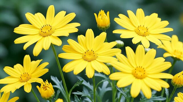 Close-Up of Vibrant Yellow Daisies Blooming in a Garden With Soft Green Background