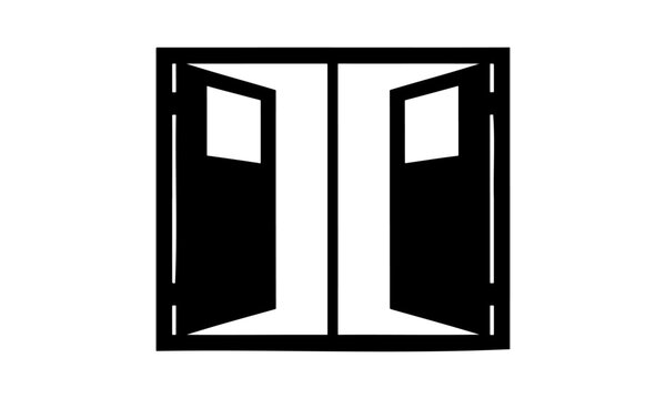 Symmetrical silhouette of open double doors with window panels