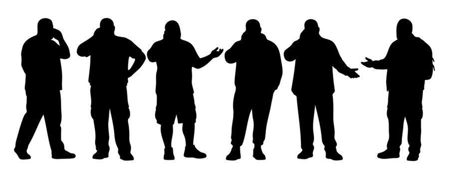 Set of silhouettes featuring a man in various poses talking on a mobile phone