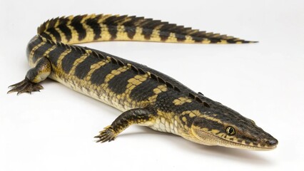 Fototapeta premium Adult Ornate Bichir (Polypterus ornatipinnis) showing its detailed scale pattern, isolated on a white background.