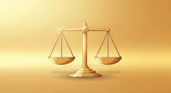 Golden scales with balanced bowls on a warm beige background symbolizing justice and equality