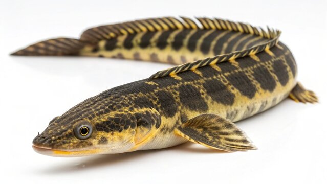 Adult Ornate Bichir (Polypterus ornatipinnis) showing its detailed scale pattern, isolated on a white background.
