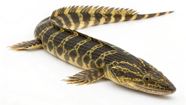 Adult Ornate Bichir (Polypterus ornatipinnis) showing its detailed scale pattern, isolated on a white background.