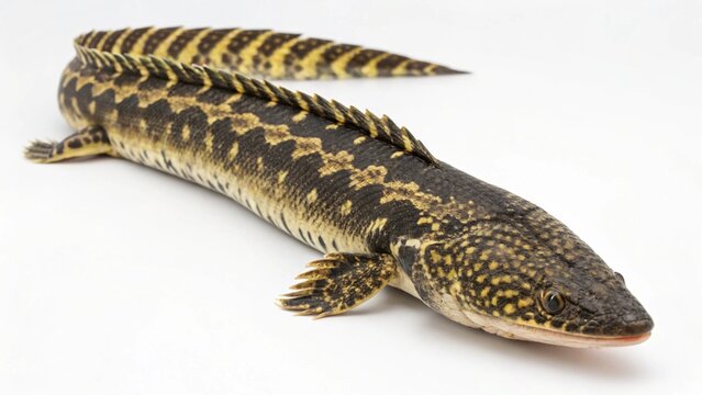 Adult Ornate Bichir (Polypterus ornatipinnis) showing its detailed scale pattern, isolated on a white background.