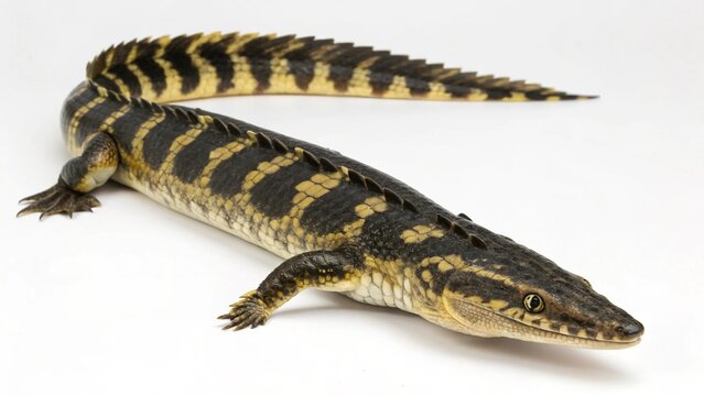 Adult Ornate Bichir (Polypterus ornatipinnis) showing its detailed scale pattern, isolated on a white background.