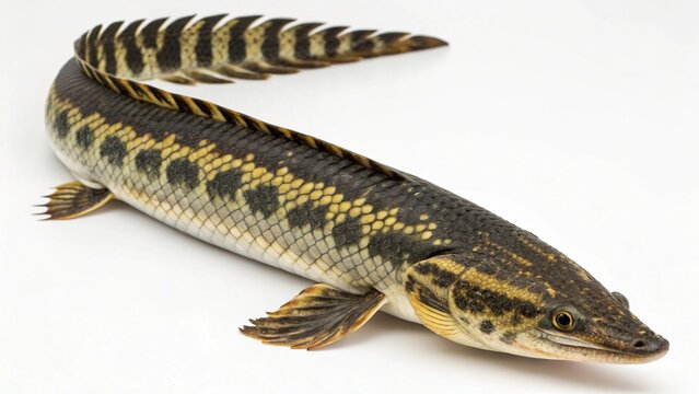 Adult Ornate Bichir (Polypterus ornatipinnis) showing its detailed scale pattern, isolated on a white background.