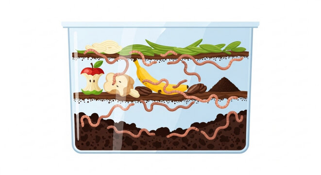 Worm composting bin with worms banana and vegetable scraps for eco friendly recycling