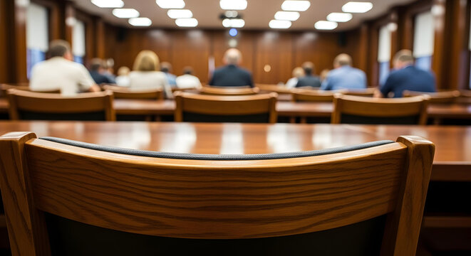 Empty courtroom with jury members seated, ready for legal proceedings to begin