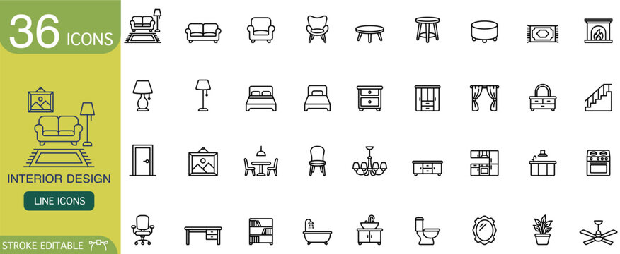 Interior design line icon furniture home room outline editable stroke set featuring sofa bed lamp table chair kitchen bathroom object for web app interface and infographic layout