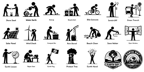 Obraz premium サステナブルな暮らしをテーマにした人物シルエットアイコンセット、Sustainable Living Themed Human Silhouette Icon Set for Environmental Awareness 