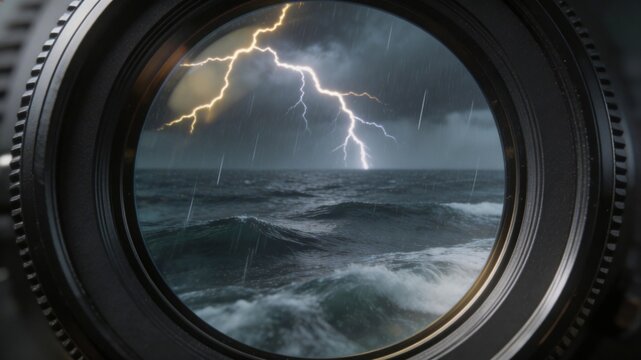 Tempest's Gaze: A dramatic view of a tempestuous storm at sea, seen through a round porthole. Lightning illuminates the stormy sky, creating a spectacle of raw natural power.