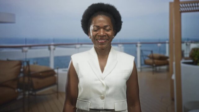 Woman in white vest smiles with bare face and forearms, standing by deck railing and lounge chairs on a ship deck building with ocean view; serenity.