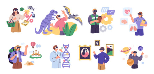 Fototapeta premium People wearing augmented reality glasses. Gamblers, shopaholics and scientists use new technologies, virtual reality, tourism and space exploration, garish vector cartoon isolated set