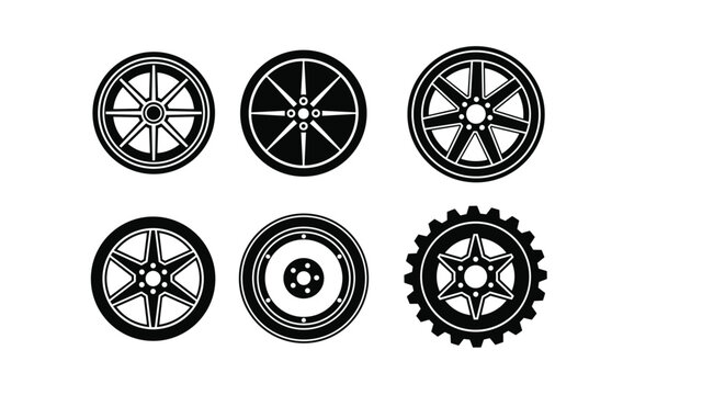 Collection of six diverse car wheel rim designs showing various spoke patterns and tire types for automotive customization concept.
