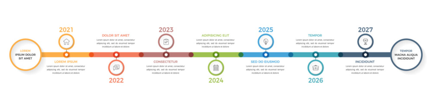 Timeline infographic template with seven milestones