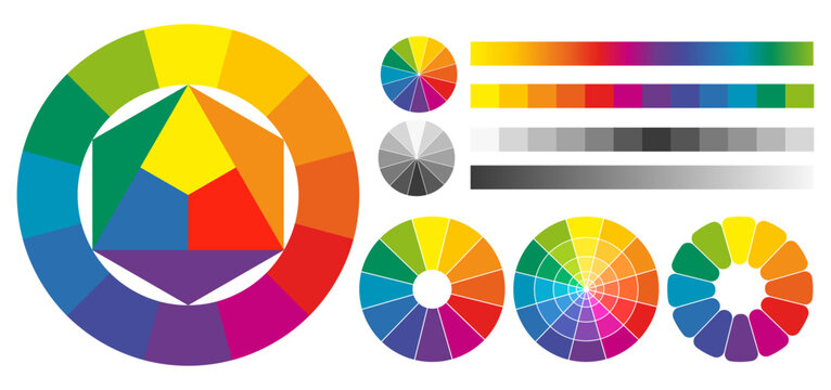 Itten color wheel. Primary, secondary and tertiary, radial spectrum palette, shades theory, color science scheme, gradients and grayscale bars, harmony elements, qualitative vector set