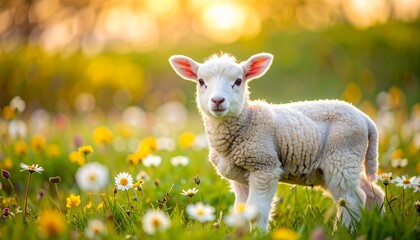 Obraz premium Peaceful White Lamb in Spring Flower Meadow