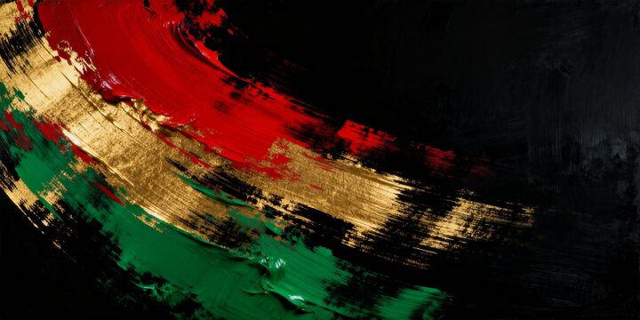 Abstract red green and gold paint brushstrokes on black background. Pan-African colors texture for Black History Month