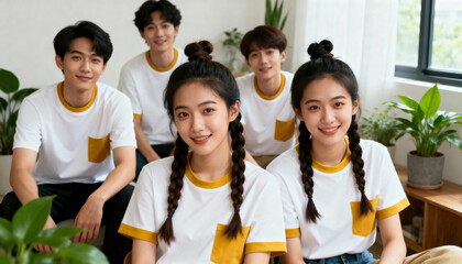 Fototapeta premium A group of young asian friends smiling in a portrait. Happy team of students wearing matching t-shirts indoors. Twin sisters in the foreground with male friends behind them
