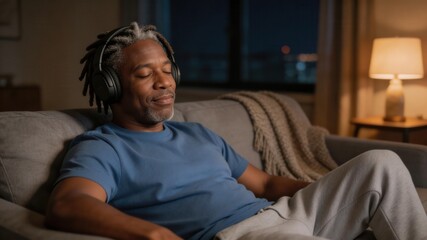 Obraz premium Serene Listening at Home: A man, eyes closed, reclines on a cozy sofa, immersed in music through headphones, creating a scene of relaxation and peaceful retreat within the comfortable home setting.