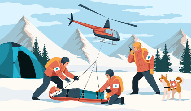 Alpine rescue service. Men in equipment transport victim in mountains, avalanche risk, helicopter picks up stretcher, emergency aid, medical transportation tidy vector cartoon flat concept