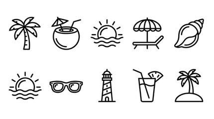 A collection of beach and summer themed icons and symbols in a simple line art style illustration © MR7