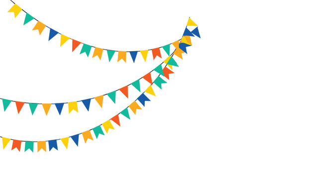 Celebration banner with three rows of colorful triangular bunting flags in yellow, orange, blue, and green for parties.