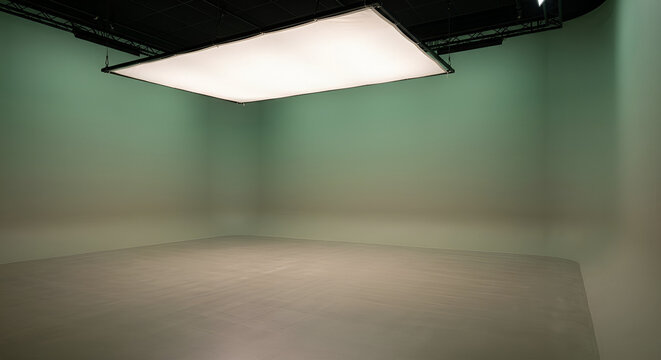 Professional Photo Studio with Softbox Lighting Green Background Empty Cyclorama Room for Photography Setup