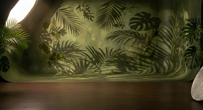 Tropical leaf shadow background on green wall with sunlight