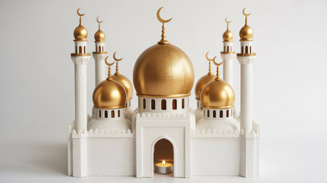 White mosque model with gold domes and minarets and a lit candle inside isolated on white background