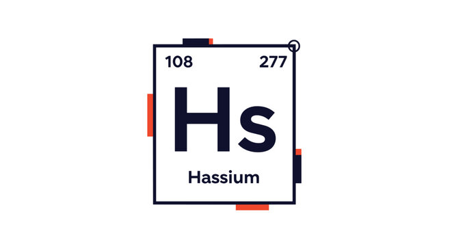 Periodic table of elements icon for Hassium with atomic number one hundred eight and mass two hundred seventy seven.