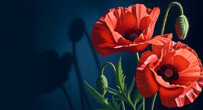 Vibrant red poppies against dark background with buds and stems