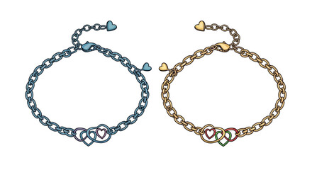 Fototapeta premium Two charming delicate bracelets, one in a sophisticated blue hue, the other in a warm gold tone, each adorned with intertwined hearts and a small dangle charm