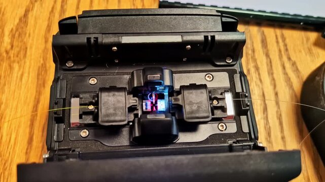 Fiber optic fusion splicer preparing connections for high-speed data transmission
