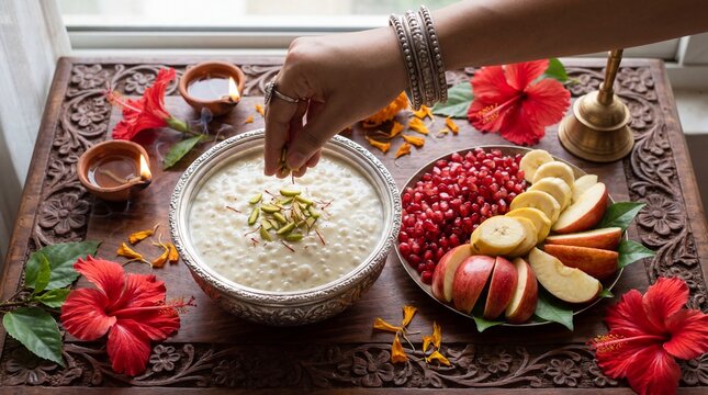 Woman hand garnishing Sabudana Kheer pudding for Navratri Bhog ritual offering