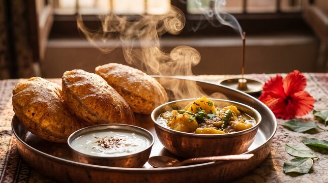 Traditional Navratri fasting meal with hot Kuttu Poori and Aloo ki Sabzi thali