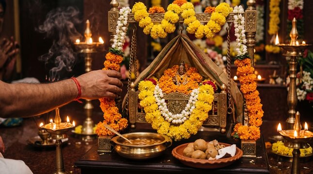 Hindu deity cradle ceremony with floral garlands, lit oil lamps, and offerings