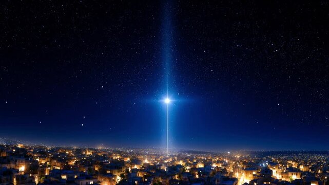 A celestial beam of light descends upon a city skyline at night, creating an evocative image of hope and divine guidance. ..Created with Generative AI, Nativity scene